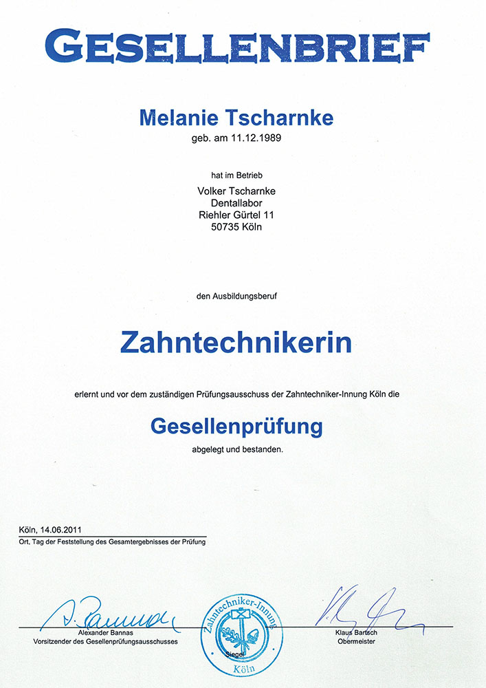 Gesellenbrief Melanie Tscharnke - Zahnarztpraxis in 50735 Köln